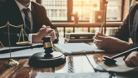 Male lawyer or judge working with client in courtroom, Law and Legal services concept.の素材