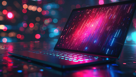 Laptop on the table with colorful bokeh lights background.の素材
