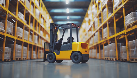 Forklift loader in warehouse. Forklift loader in warehouse. Warehouse interior.の素材