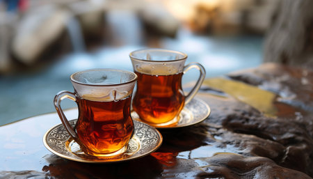 Two cups of tea on a table in a restaurant. Selective focus.の素材
