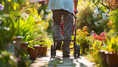 Senior man with a walker in the garden on a sunny dayの素材