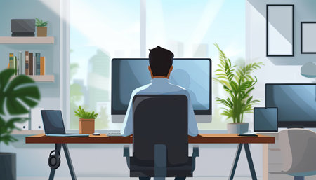 Businessman sitting at the desk in front of computer monitors. Vector illustration.の素材