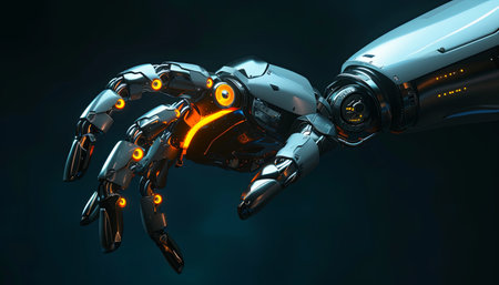 3d rendering robotic hand with orange glow on dark background, future technology conceptの素材