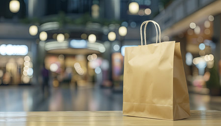 Paper shopping bag on wooden table in shopping mall with bokeh backgroundの素材