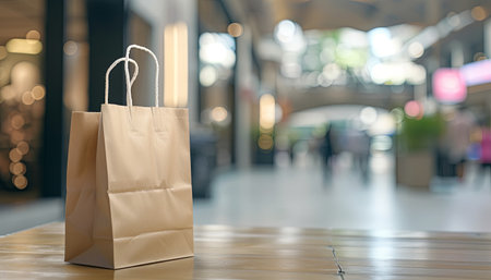 Paper bag on wood table with blur store background, shopping concept.の素材
