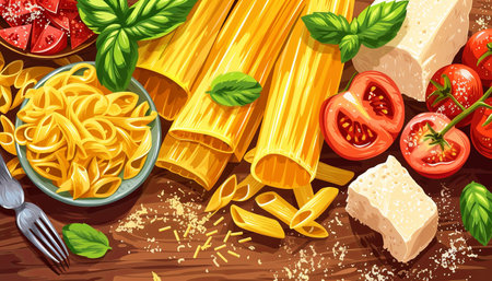 Pasta background with tomato, basil and cheese. Vector illustration.の素材