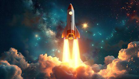 Rocket taking off into space. Mixed media. Mixed media. Mixed mediaの素材