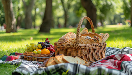 Picnic in the park. Basket with bread, grapes and fruitsの素材