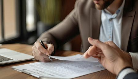 Businessman signing contract at table in office, closeup. Business conceptの素材