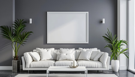 Modern living room interior with white sofa and empty poster on wall. Mock up, 3D Renderingの素材
