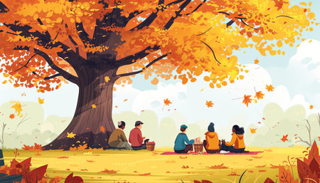 People sitting under a big tree in the autumn park. Vector illustrationの素材