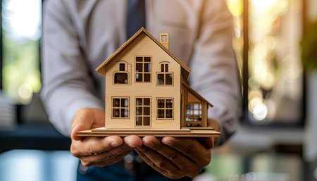 Real estate agent holding wooden house model in hand, home loan conceptの素材