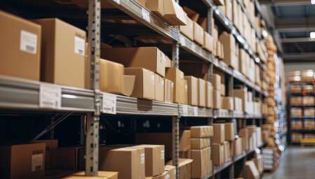 Warehouse or storehouse with rows of cardboard boxes. Shallow depth of fieldの素材