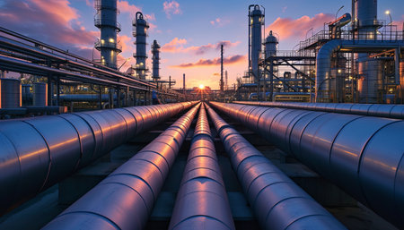 Industrial zone, Steel pipelines in petrochemical plant at sunsetの素材