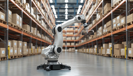 Robotic arm in warehouse. 3d rendering industrial robot arm in warehouseの素材
