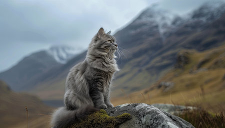 Siberian cat sitting on a rock in Scotland, UK.の素材