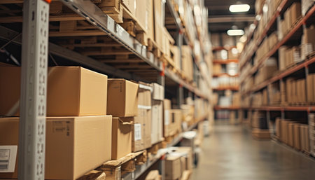Warehouse or storehouse interior with boxes on shelves. Shallow depth of fieldの素材