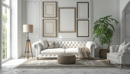 interior with white sofa. 3d render illustration mock-upの素材