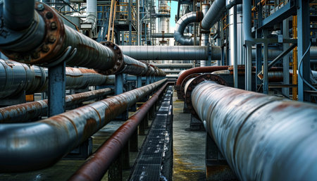 Industrial zone, Steel pipelines and equipment in blue tones, industrial backgroundの素材