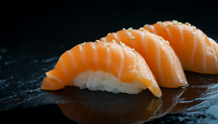 Sushi with salmon on a black background. Shallow depth of fieldの素材