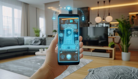 smartphone with alarm system on screen in modern living room at homeの素材