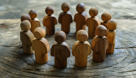 Wooden figures of people stand in a circle on a wooden backgroundの素材