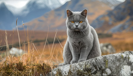 Scottish Fold cat sitting on a rock with mountains in the backgroundの素材
