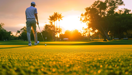 Golfer hitting the ball on the green golf course during sunsetの素材