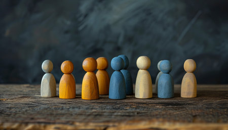 Wooden figures of people stand in a row on a wooden table.の素材