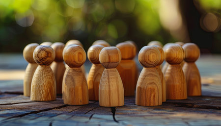Wooden figures of people stand in a row on a wooden tableの素材