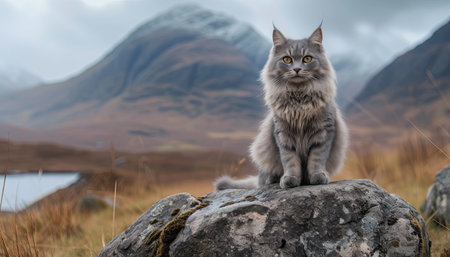 Maine Coon cat sitting on a rock in the Scottish Highlandsの素材