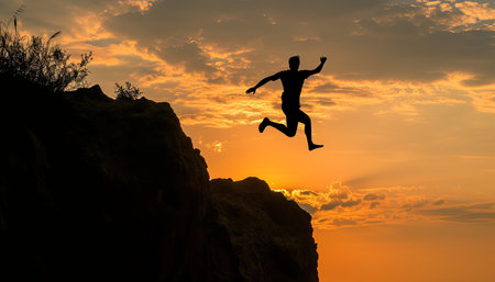Silhouette of a man jumping over a cliff at sunset.の素材