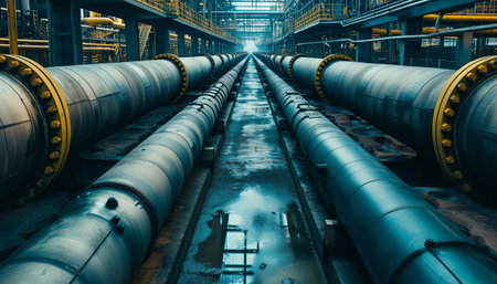 Industrial equipment and pipeline in a factory, closeup of photoの素材