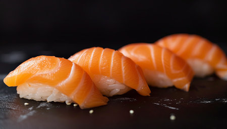 Salmon nigiri sushi - japanese food style on black backgroundの素材
