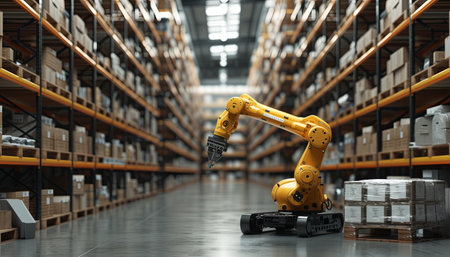 3d rendering robotic arm working in warehouse. Smart industry concept.の素材
