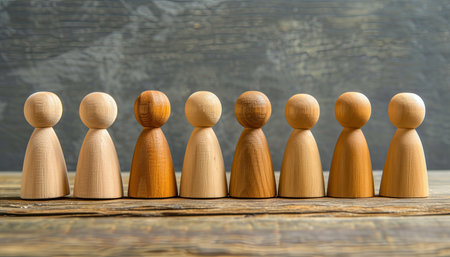Wooden figures of people stand in a row on a wooden backgroundの素材