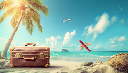Travel suitcase with airplane flying over tropical beach. 3D Renderingの素材