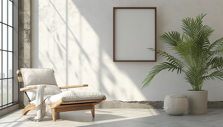 Interior of modern living room with white walls, tiled floor, wooden sofa and plant in pot. Vertical mock up poster frame. 3d renderingの素材