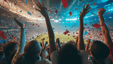 Crowd of people cheering and raising their hands at a soccer stadiumの素材