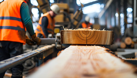 Worker cutting wood in a carpentry workshop. Woodworking industryの素材
