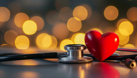Stethoscope and red heart on bokeh background. Health care concept.の素材