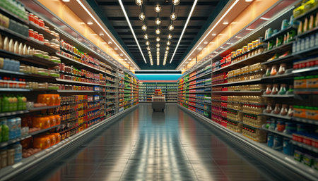 Supermarket aisle with shelves full of food products. 3d renderingの素材