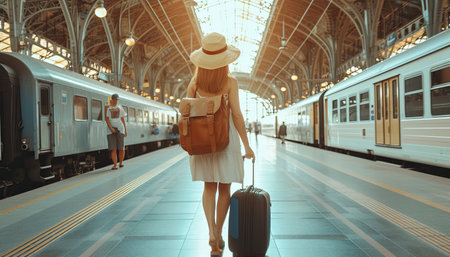 Young woman traveler with suitcase and backpack waiting train at railway station.の素材