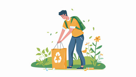 Volunteer man collecting garbage in the garden. Vector flat illustration.の素材