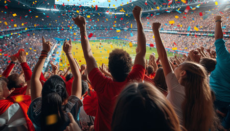 Crowd of cheering fans at a soccer stadium during a football matchの素材