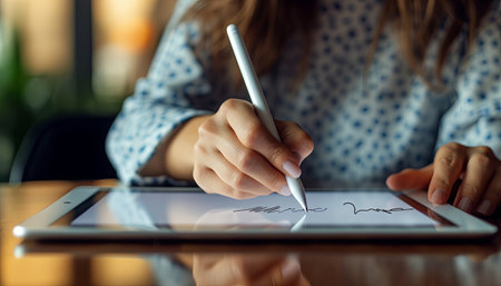 Close-up of a female hand using a stylus pen on a tabletの素材