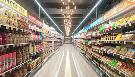 Supermarket aisle with products in a supermarket. 3d rendering.の素材