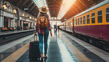 Young woman traveler with suitcase and backpack waiting for train at railway station.の素材