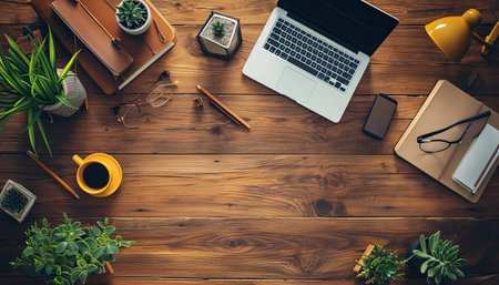 Top view of wooden office desk with laptop, coffee cup, stationery and houseplantsの素材