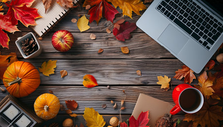 Autumn leaves, cup of coffee, notebook and laptop on wooden backgroundの素材